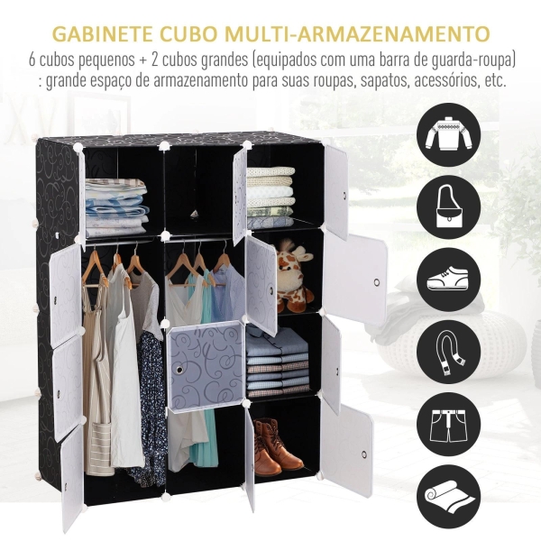 HOMCOM Armário modular de plástico 12 Cubos com Portas para Armazenamento de Roupas Armário Organizador para Brinquedos 111x47x145cm - Image 5