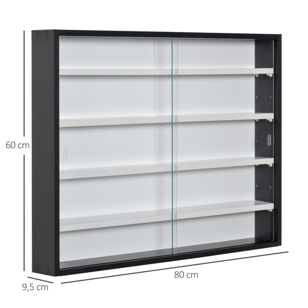HOMCOM Vitrine de Parede de Madeira com Prateleiras Ajustáveis e 2 Portas Corredeiras de Vidro para Coleções Perfumes Bonecos de Decoração 80x9,5x60cm Preto - Image 3