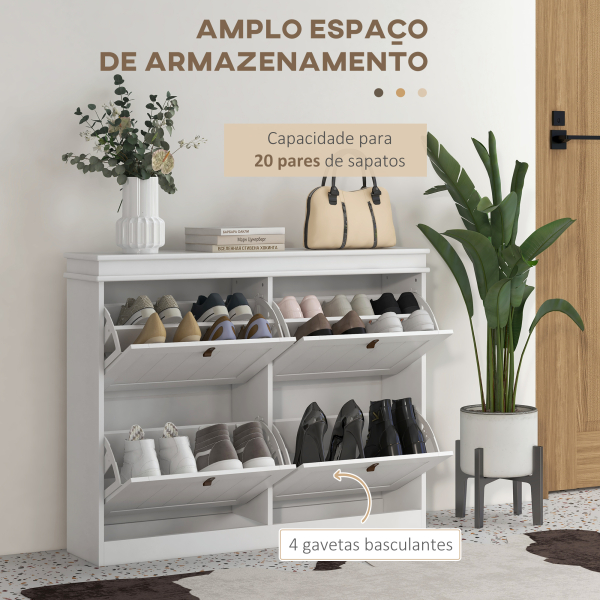 HOMCOM Móvel Sapateira Branco Sapateira Estreita com 4 Portas e Prateleira Ajustável para 20 Pares de Sapatos 105x24x82,5 cm Branco - Image 4
