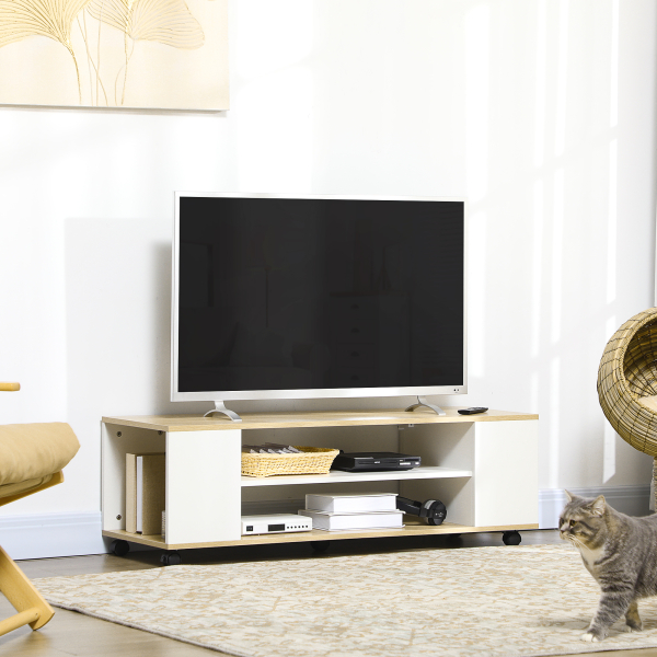 HOMCOM Móvel para TV com Rodas Armário para TV Flutuante com 2 Portas e 2 Prateleiras 120x40x38,5cm Branco e Madeira - Image 2