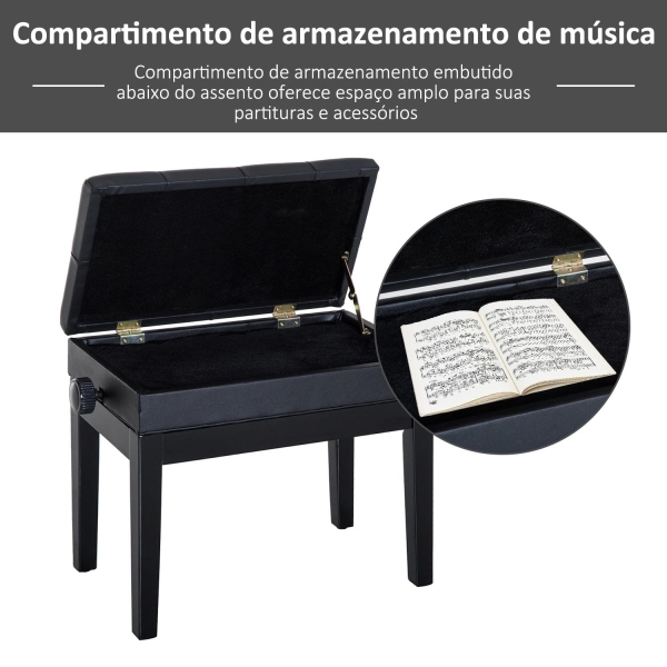 HOMCOM Banco de Piano com Espaço de Armazenamento Altura Ajustável com Assento Acolchoado Carga 200 kg 54,5x33x48-58 cm Preto - Image 5