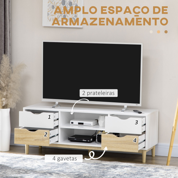 HOMCOM Móvel de TV para Televisores de até 55" com Prateleiras de Armazenamento e 4 Gavetas 120x40x44,5cm Branco e Carvalho - Image 4