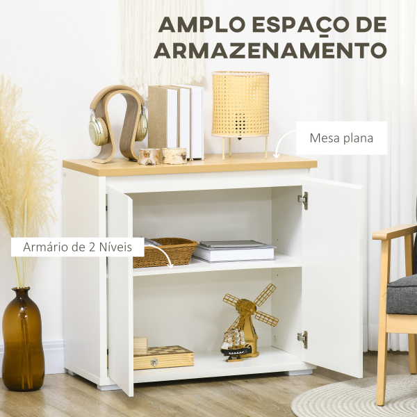 HOMCOM Aparador de Sala de Estar Armário de Armazenamento com 2 Portas e Prateleira Ajustável 80x37x75 cm Branco e Madeira - Image 4
