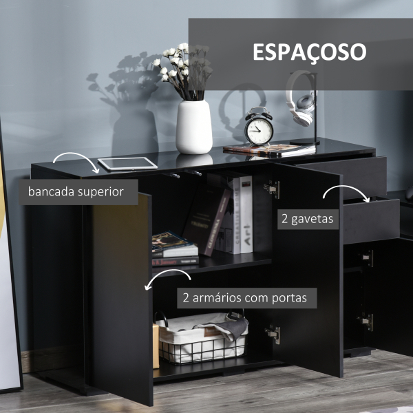HOMCOM Aparador de Sala de Estar com 3 Portas 2 Gavetas e Prateleira Interior Ajustável Móvel Auxiliar de Armazenamento para Cozinha Dormitório Anti-Rolamento 117x36x74 cm Preto - Image 4