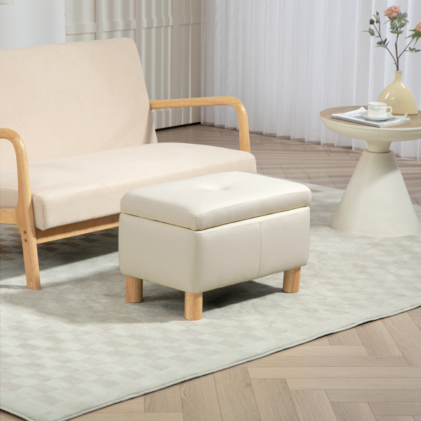 HOMCOM Baú de Armazenamento para Dormitório 33L Puff de Armazenamento Estofado em PU Banco de Arrumação 60x38x40 cm Creme - Image 2