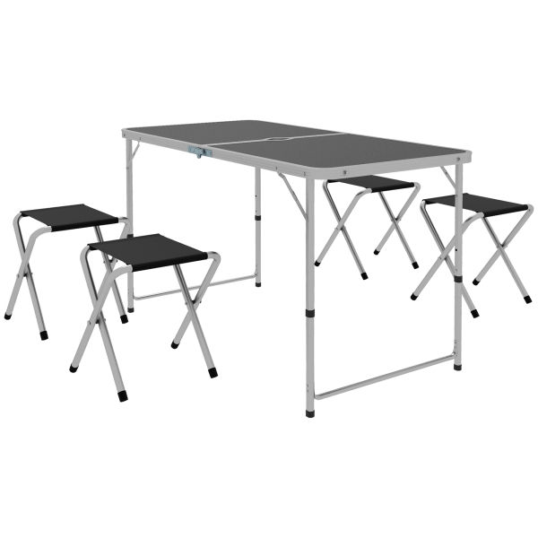 Outsunny Conjunto de Campismo de 5 Peças Mesa Dobrável com Assentos Inclui 1 Mesa Ajustável em Altura com Orifício e 4 Assentos Preto