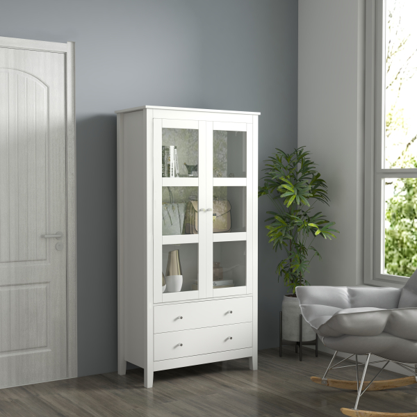 HOMCOM Vitrine de Sala de Estar Estante para Escritório com 2 Portas de Vidro Temperado 3 Prateleiras e 2 Gavetas 80x40x160 cm Branco - Image 2