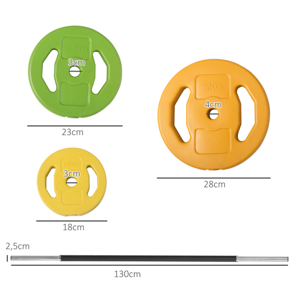 HOMCOM Conjunto de Barra de Pesos Conjunto de Musculação com 6 Discos 1,5kg 2,5kg 5 kg Intercambiáveis 130x28x28 cm Multicor - Image 3