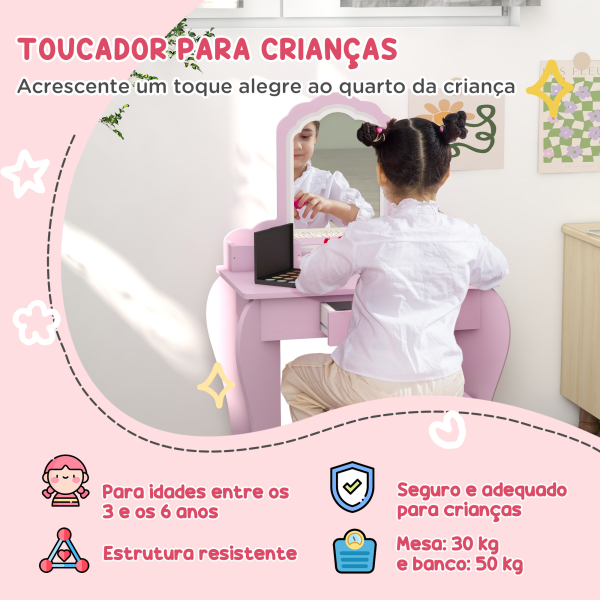 ZONEKIZ Toucador Infantil para Meninas e Meninos Toucador de Maquilhagem com Banco Espelho Gaveta e Caixas de Arrumação Rosa - Image 4