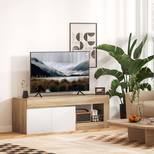 HOMCOM Móvel de TV com 2 Portas Prateleira Aberta Móvel de TV Televisóres de 60 Polegadas 140x40x48 cm Branco e Madeira - Image 2