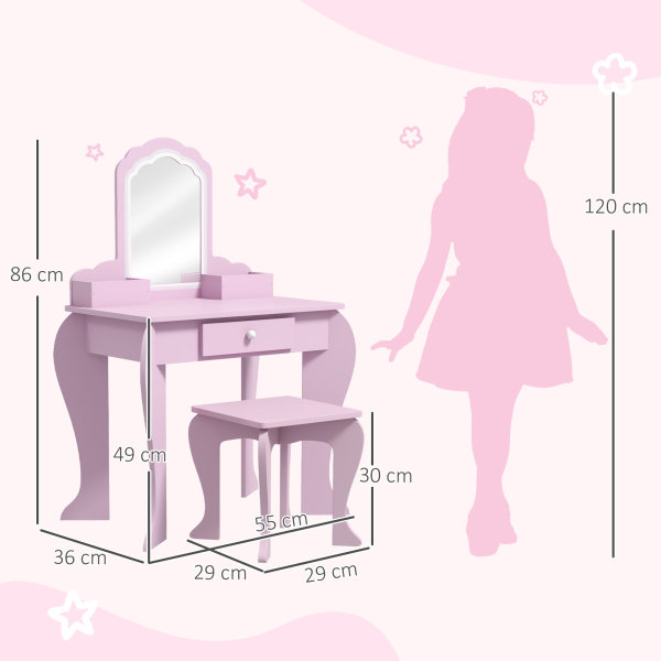 ZONEKIZ Toucador Infantil para Meninas e Meninos Toucador de Maquilhagem com Banco Espelho Gaveta e Caixas de Arrumação Rosa - Image 3