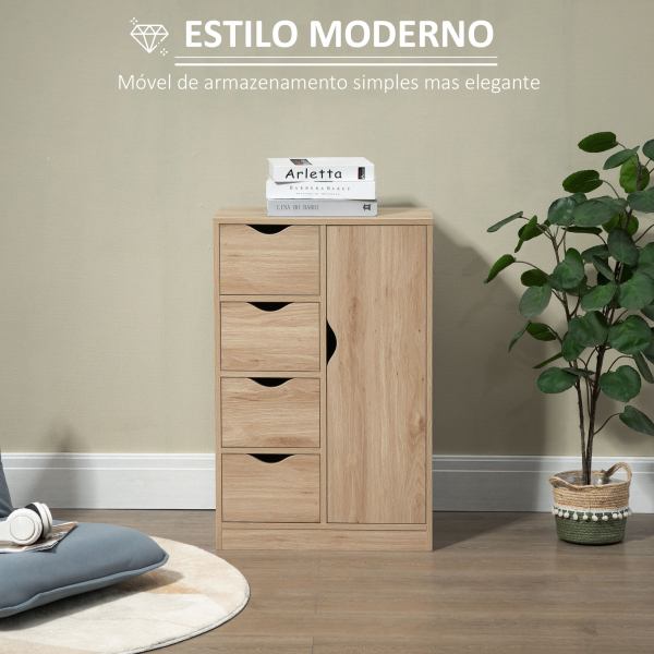 HOMCOM Armário de Sala de Estar Aparador Auxiliar com 4 Gavetas 1 Armário e Prateleira Inferior Móvel de Armazenamento Múltiuso para Dormitórios Sala de Jantar 54x29x83cm Carvalho - Image 4