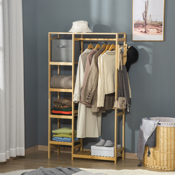 HOMCOM Suporte para Cabides de Bambu Cabideiro com Prateleiras de 4 Níveis com Barra Prateleira Inferior e Cabide Lateral 90x30x155cm Madeira - Image 2
