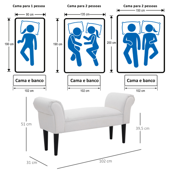 HOMCOM Banco de Pé de Cama Banco com Braços Curvados Estofado e Pés de Madeira Carga Máxima 130kg 102x31x51cm Branco - Image 7