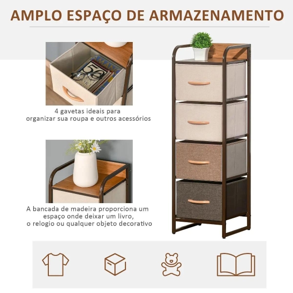 HOMCOM Cómoda de Tecido com 4 Cestos Removíveis e Dobráveis Base Elevada Móvel de Armazenamento para Dormitório Sala de Estar 31x29x99cm Multicor - Image 4