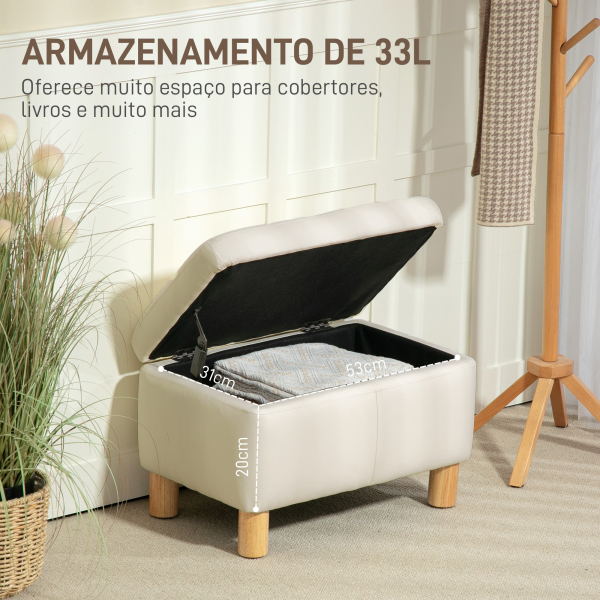 HOMCOM Baú de Armazenamento para Dormitório 33L Puff de Armazenamento Estofado em PU Banco de Arrumação 60x38x40 cm Creme - Image 4