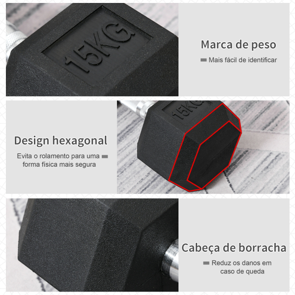 HOMCOM Haltere Hexagonal 15 kg Haltere com Barra de Conexão Metálica para treino em Casa Ginásio Escritório Preto e Prata - Image 4