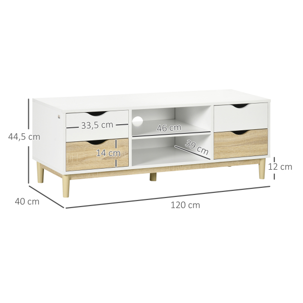 HOMCOM Móvel de TV para Televisores de até 55" com Prateleiras de Armazenamento e 4 Gavetas 120x40x44,5cm Branco e Carvalho - Image 3