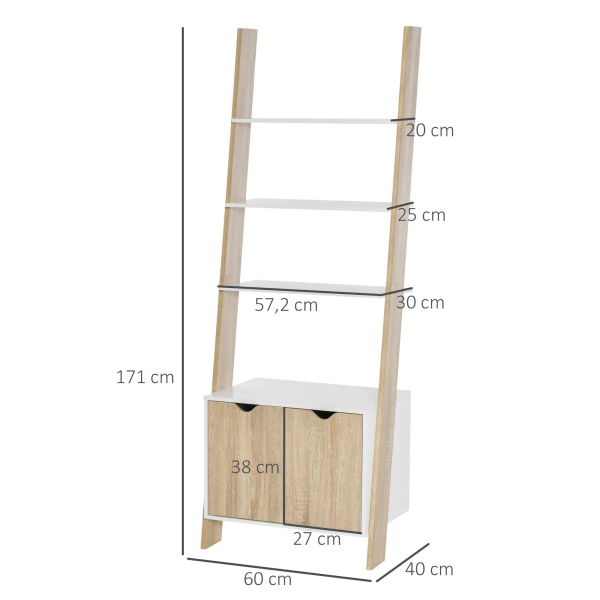 HOMCOM Estante em Forma de Escada de Madeira com 3 Prateleiras e 1 Armário Estante de Estilo Nórdico Moderno 60x40x171cm Carvalho e Branco - Image 3