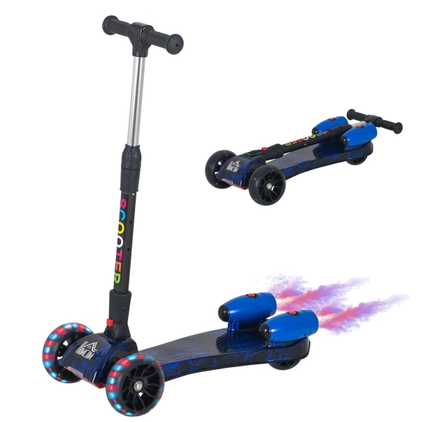 HOMCOM Trotinete dobrável para crianças acima de 3 anos altura ajustável em 4 níveis  luzes musica e Nevoeiro de água  61x26x63-81 cm Azul