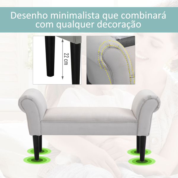 HOMCOM Banco de Pé de Cama Banco com Braços Curvados Estofado e Pés de Madeira Carga Máxima 130kg 102x31x51cm Cinza - Image 6