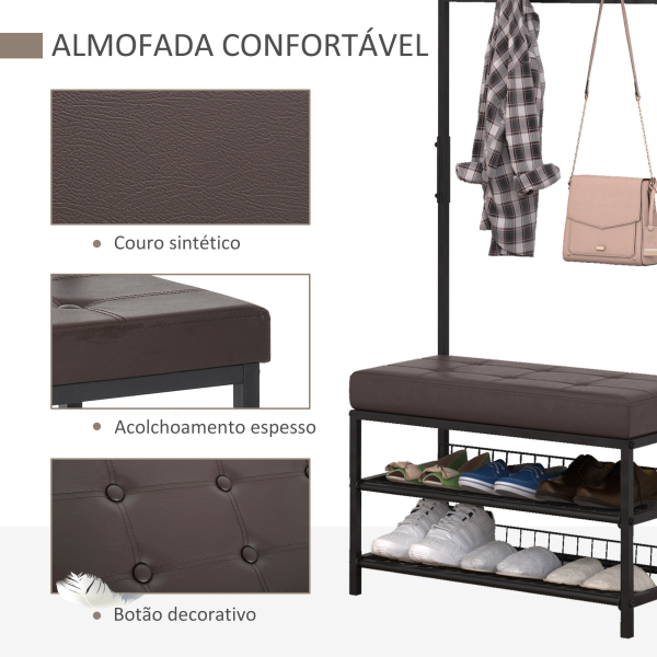 HOMCOM Móvel Cabide de Entrada com Assento Acolchoado e Sapateira Armário de Entrada com Cabides 72,5x35x180cm Preto - Image 5