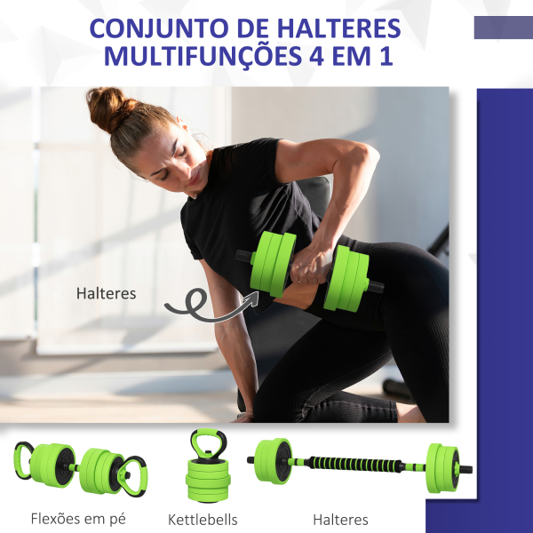 SPORTNOW Conjunto de Halteres 20kg 4 em 1 Conjunto de Pesos com Kettlebell Barra de Pesos para Treino de Força em Casa Ginásio Verde - Image 4