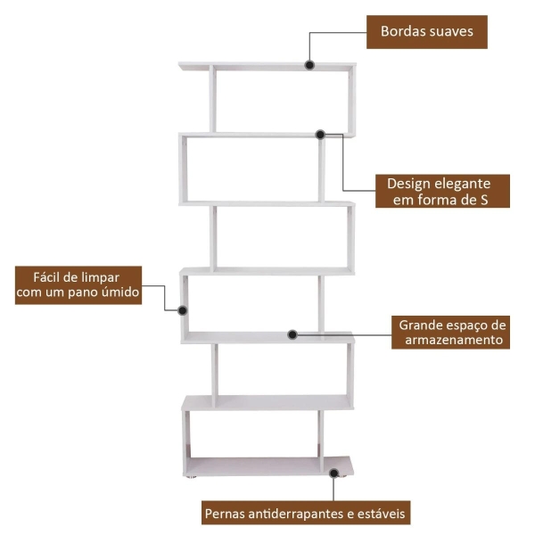 HOMCOM Estante Moderna com 6 prateleiras em forma de S Madeira 80 x 25 x 192 cm branco - Image 4