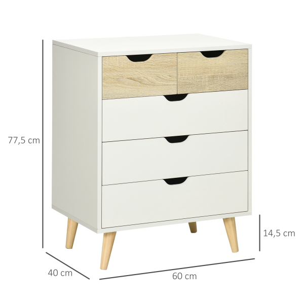 HOMCOM Cómoda com 5 Gavetas e Pés Elevados Cómoda para Dormitório Estilo Moderno Anti-Tombo 60x40x77,5cm Madeira e Branco - Image 3