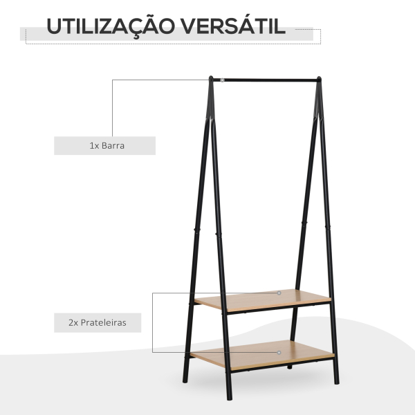 HOMCOM Suporte para Cabides com 2 Prateleiras de Armazenamento Barra para Pendurar e Estrutura de Aço 64x42,5x149 cm Preto - Image 4