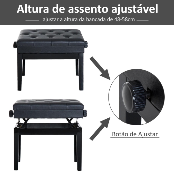 HOMCOM Banco de Piano com Espaço de Armazenamento Altura Ajustável com Assento Acolchoado Carga 200 kg 54,5x33x48-58 cm Preto - Image 4