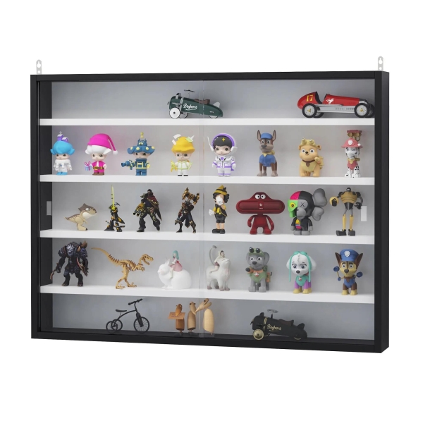 HOMCOM Vitrine de Parede de Madeira com Prateleiras Ajustáveis e 2 Portas Corredeiras de Vidro para Coleções Perfumes Bonecos de Decoração 80x9,5x60cm Preto - Image 4
