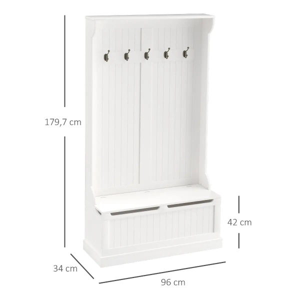 HOMCOM Móvel Cabide de Entrada com Banco Armário de Entrada com Cabide 5 Ganchos e Espaço de Armazenamento 96x34x179,7cm Marfim - Image 3