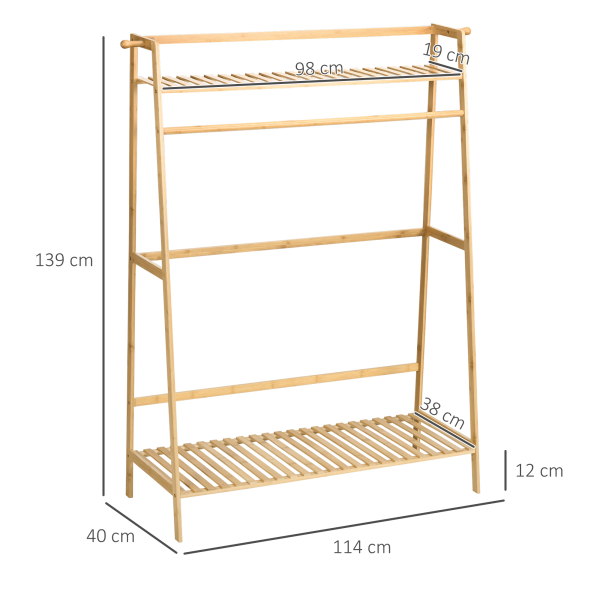 HOMCOM Suporte para Cabide de Bambu com 2 Prateleiras de Armazenamento 2 Ganchos Laterais e Barra Suspensa 114x40x139 cm Madeira - Image 3