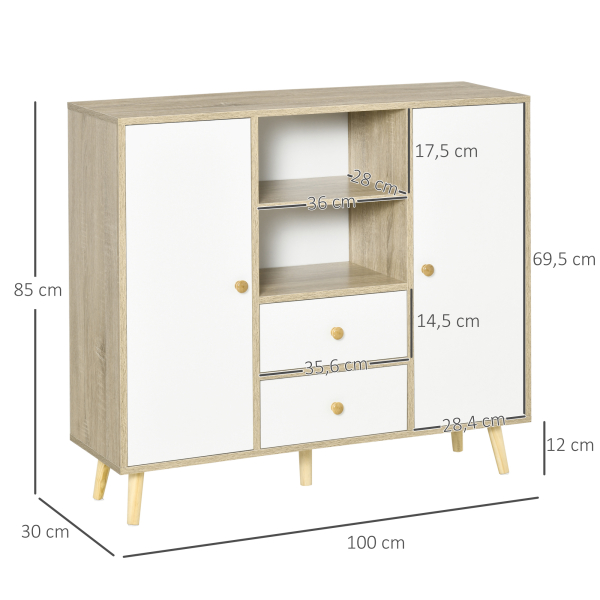HOMCOM Aparador de Sala de Estar com 2 Portas 2 Gavetas e 2 Prateleiras Abertas Móvel Auxiliar de Armazenamento para Cozinha Entrada 100x30x85cm Branco e Natural - Image 3
