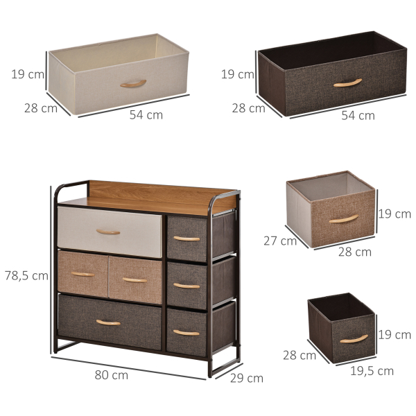 HOMCOM Cómoda com 7 Gavetas de Tecido Dobráveis Móvel Organizador com Estrutura Metálica e Antitombo 80x29x78,5 cm Multicolor - Image 3