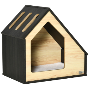 PawHut Casa de Madeira para Cães Casa para Cães para Uso Interior com Almofada Removível Lavável e 3 Ventilações 60x40x59,2cm Preto e Madeira Natural