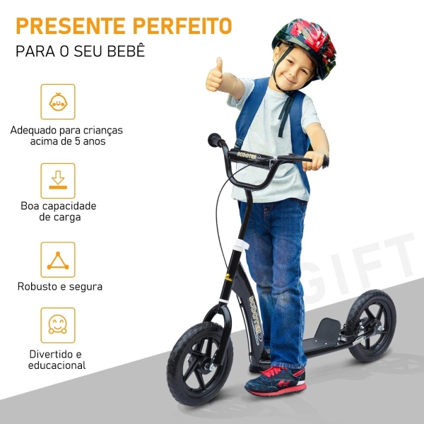HOMCOM Trotinete para Crianças acima de 5 anos Scooter de 2 Rodas Grandes de 12 Polegadas com Freio e Guidão Ajustável em Altura Carga Máx. 100kg 120x52x80-88cm Preto - Image 4