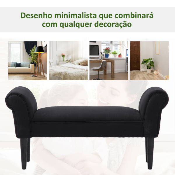 HOMCOM Banco de Pé de Cama Banco com Braços Curvados Estofado e Pés de Madeira Carga Máxima 130kg 102x31x51cm Preto - Image 6