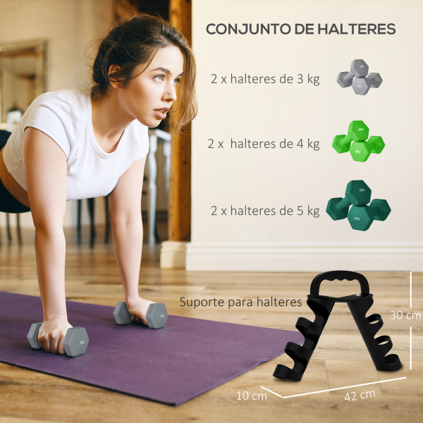 SPORTNOW Conjunto de Halteres 2 x 3kg 2 x 4kg e 2 x 5kg Halteres Hexagonais com Suporte de Armazenamento para Treino Multicor - Image 4