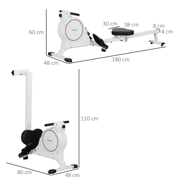 SPORTNOW Máquina de Remo Dobrável com Resistência de 8 Níveis Ecrã LCD e 2 Rodas de Transporte 180x48x60 cm Branco - Image 3