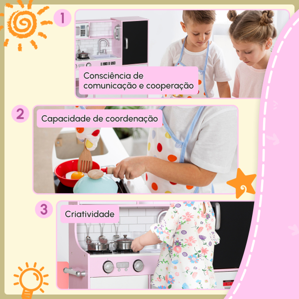AIYAPLAY Cozinha de Brincar para Crianças acima de 3 anos Cozinha Infantil de Madeira com Acessórios Máquina de Gelo Ardósia e Telefone 83,8x26,8x81 cm Rosa - Image 4