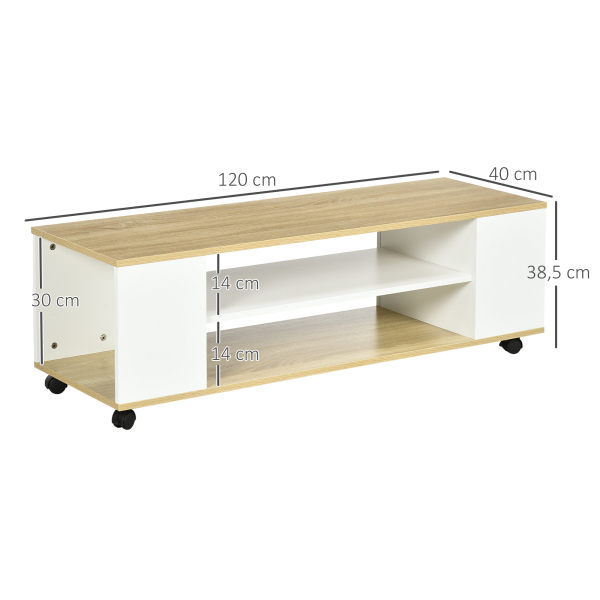 HOMCOM Móvel para TV com Rodas Armário para TV Flutuante com 2 Portas e 2 Prateleiras 120x40x38,5cm Branco e Madeira - Image 3