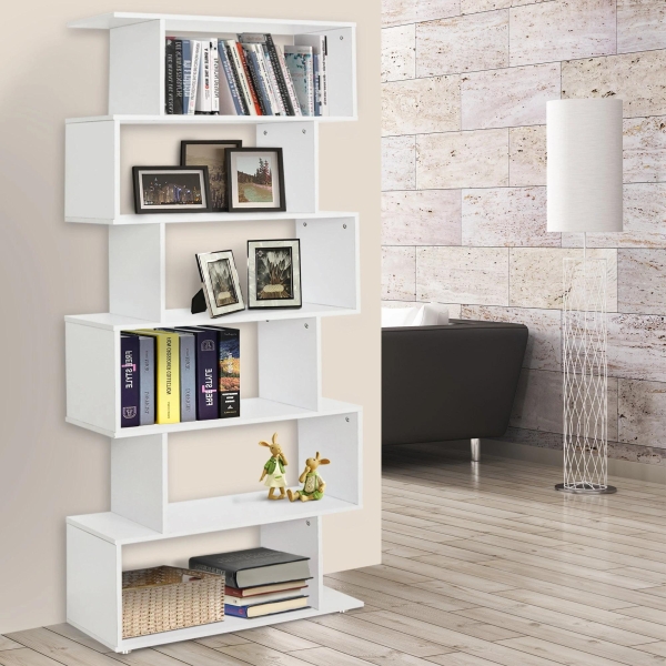 HOMCOM Estante Moderna com 6 prateleiras em forma de S Madeira 80 x 25 x 192 cm branco - Image 2