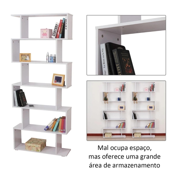 HOMCOM Estante Moderna com 6 prateleiras em forma de S Madeira 80 x 25 x 192 cm branco - Image 7