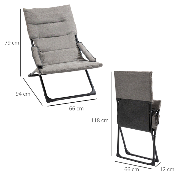 Outsunny Cadeira de Campismo Dobrável Cadeira de Jardim Portátil com Almofada Acolchoada Removível e Apoio para os Braços Estrutura de Aço para Terraço Praia Exterior 66x94x79cm Cinza - Image 3