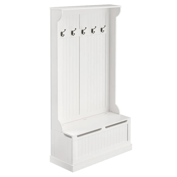 HOMCOM Móvel Cabide de Entrada com Banco Armário de Entrada com Cabide 5 Ganchos e Espaço de Armazenamento 96x34x179,7cm Marfim