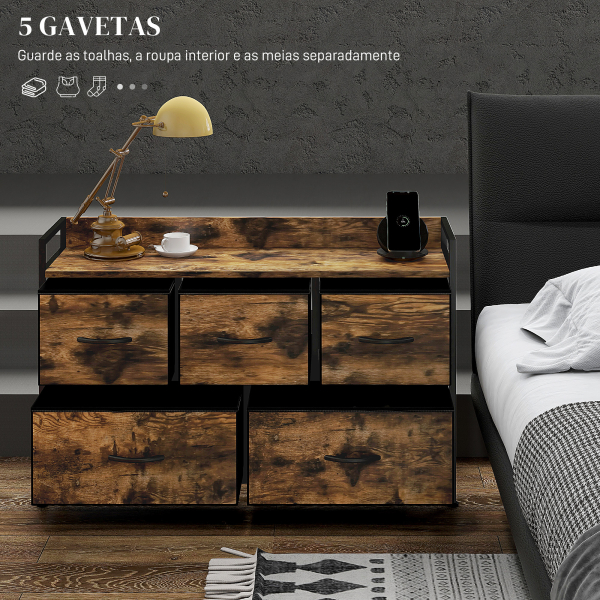 HOMCOM Cómoda com 5 Gavetas de Tecido Cómoda de Estilo Industrial com Estrutura Metálica para Quarto 98x29x63 cm Castanho Rústico - Image 4
