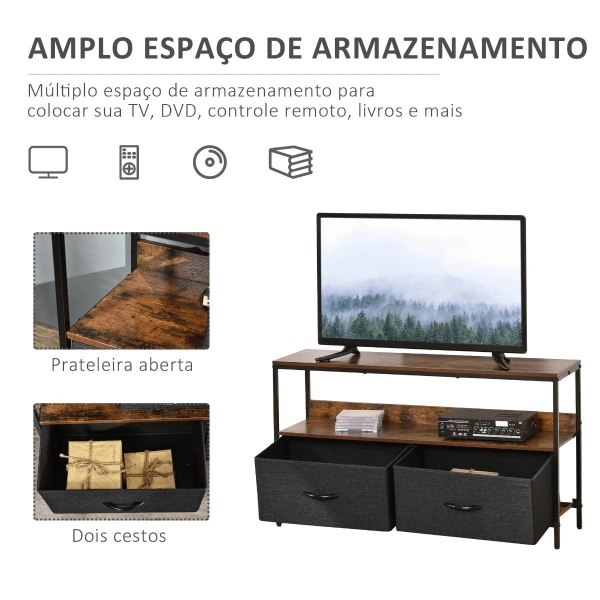 HOMCOM Móvel de TV até 47” Móvel de TV Industrial com Prateleira e 2 Cestos de Tecido Dobráveis para Sala de Estar Dormitório Estrutura de Metal 98x29x56cm Marrom Rústico e Preto - Image 4
