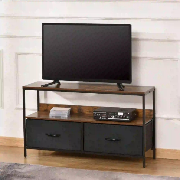HOMCOM Móvel de TV até 47” Móvel de TV Industrial com Prateleira e 2 Cestos de Tecido Dobráveis para Sala de Estar Dormitório Estrutura de Metal 98x29x56cm Marrom Rústico e Preto - Image 2